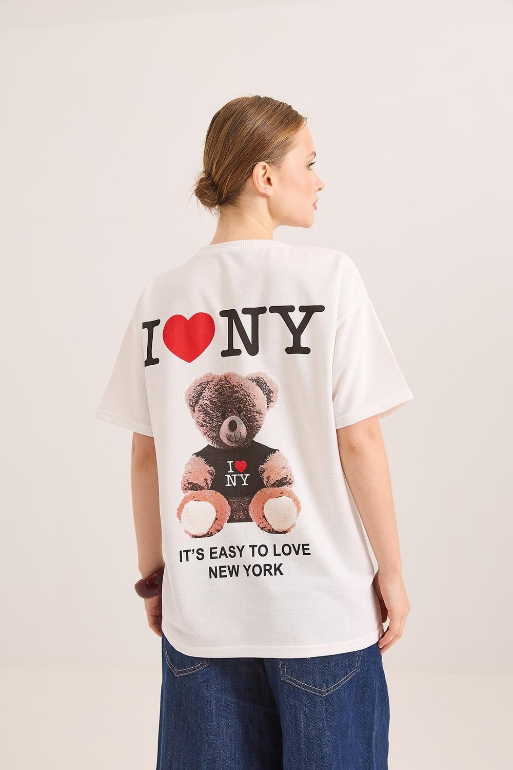 Ön Ve Arka Baskılı İki İp Oversize Örme Tshirt Ekru