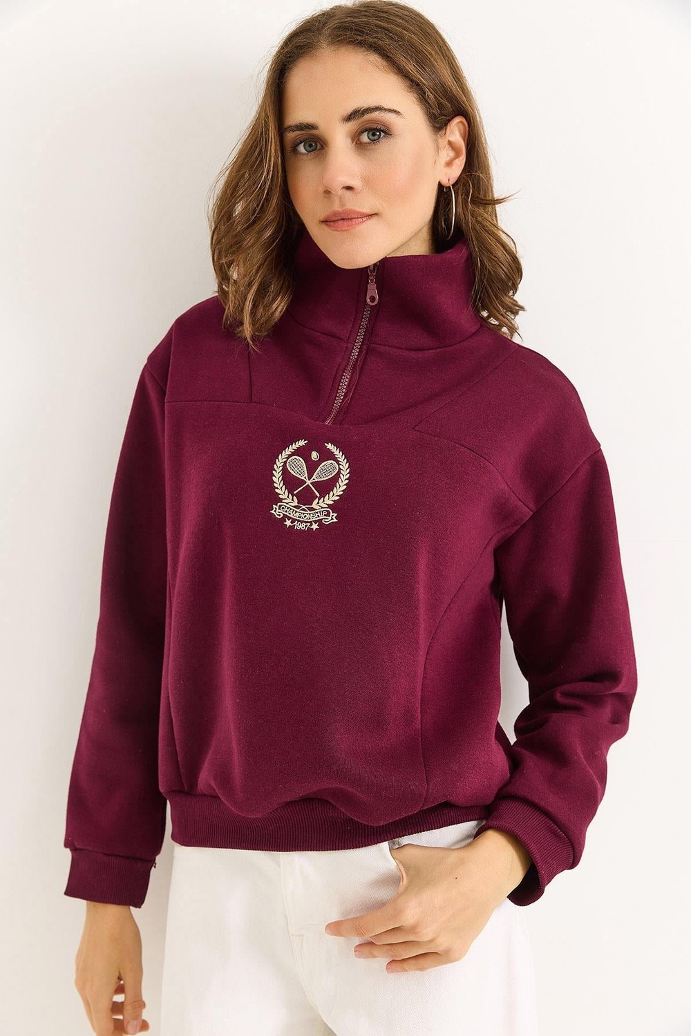 Kadın Dik Yaka Fermuarlı Roket Baskılı Sweatshirt Bordo
