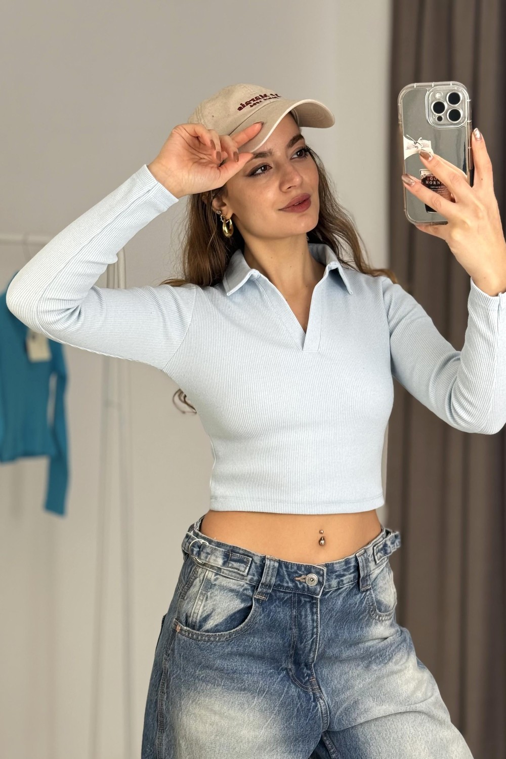 Kadın Polo Yaka Fitilli Crop Bluz Turkuaz