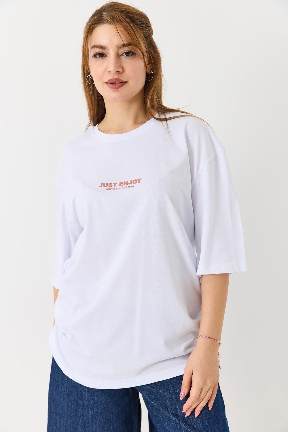 Kadın Yazı Baskılı Bisiklet Yaka Tshirt Beyaz