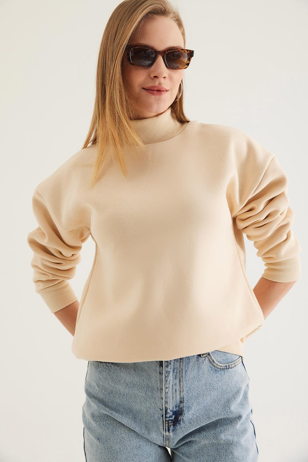 Balıkçı Yaka Şardonlu 3 ip Örme Sweatshirt Bej