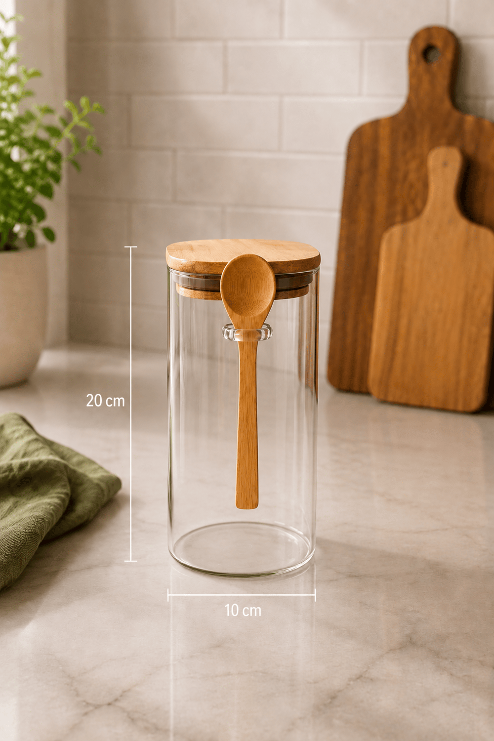 Bambu Kapaklı & Kaşıklı Kare Şeklinde Cam Saklama Kavanozu