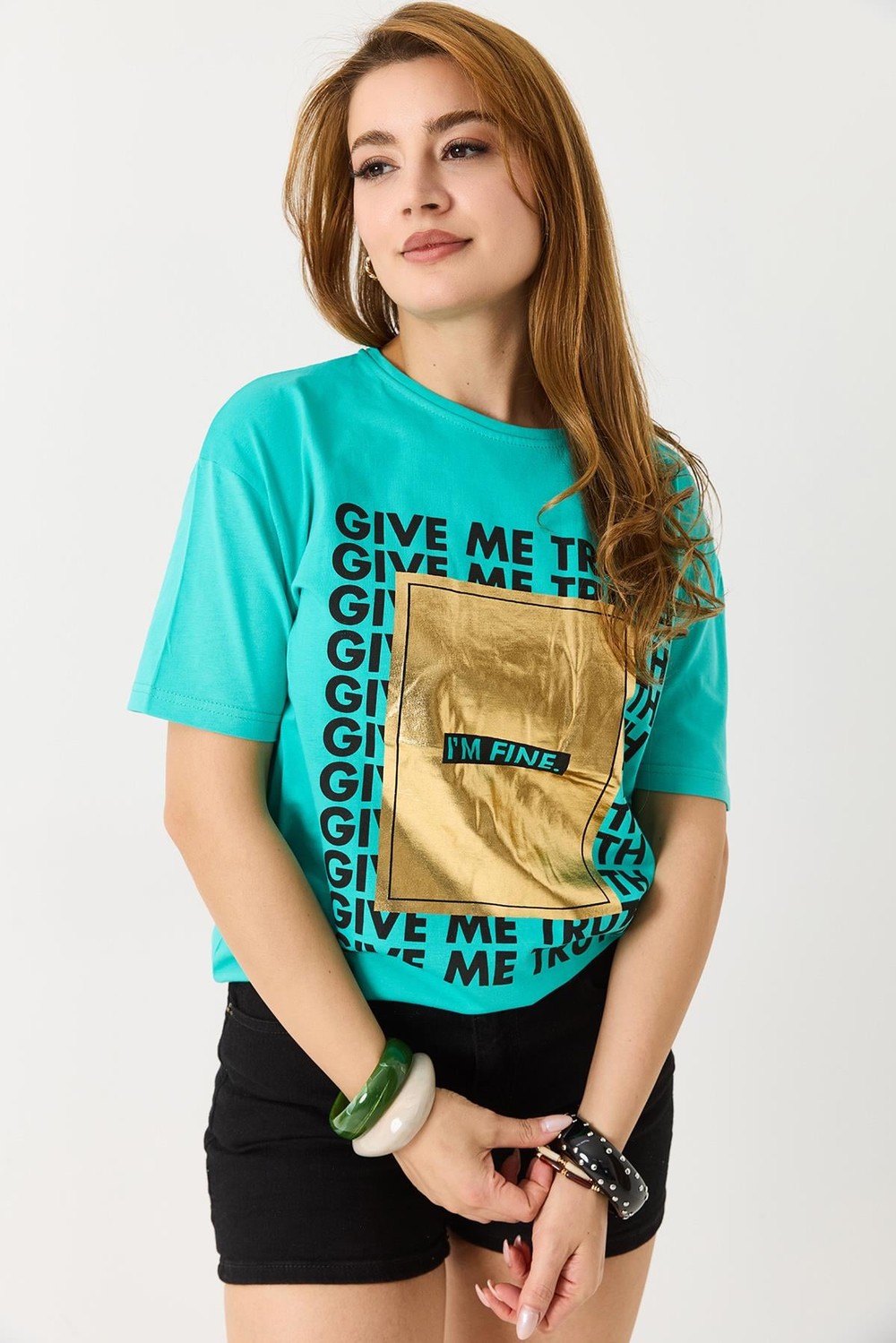 Kadın Dokulu I M Fıne Yazılı Bisiklet Yaka Tshirt Yeşil