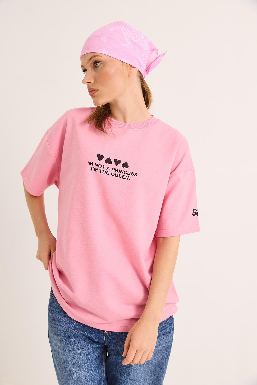 Bisiklet Yaka Baskılı Oversize Tshirt Pembe