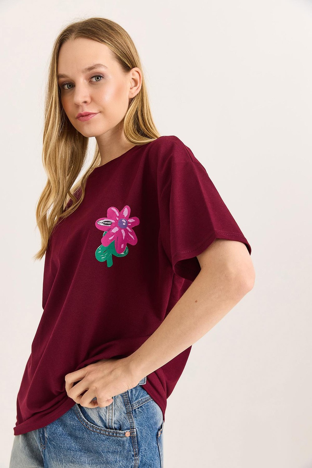 Baskılı Bisiklet Yaka Basic Tshirt Bordo