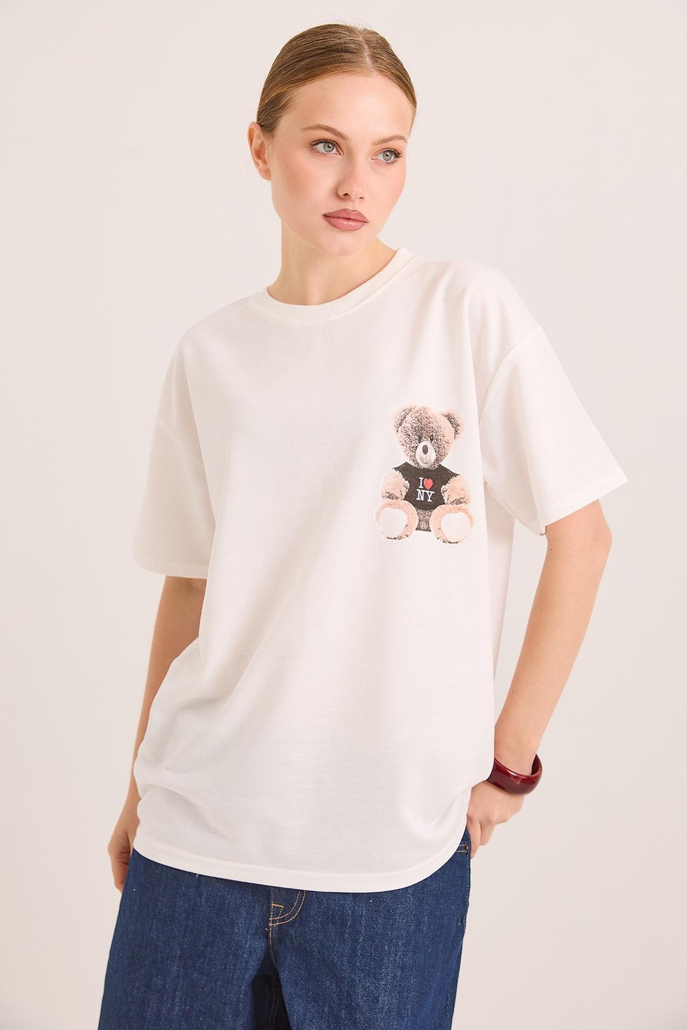 Ön Ve Arka Baskılı İki İp Oversize Örme Tshirt Ekru