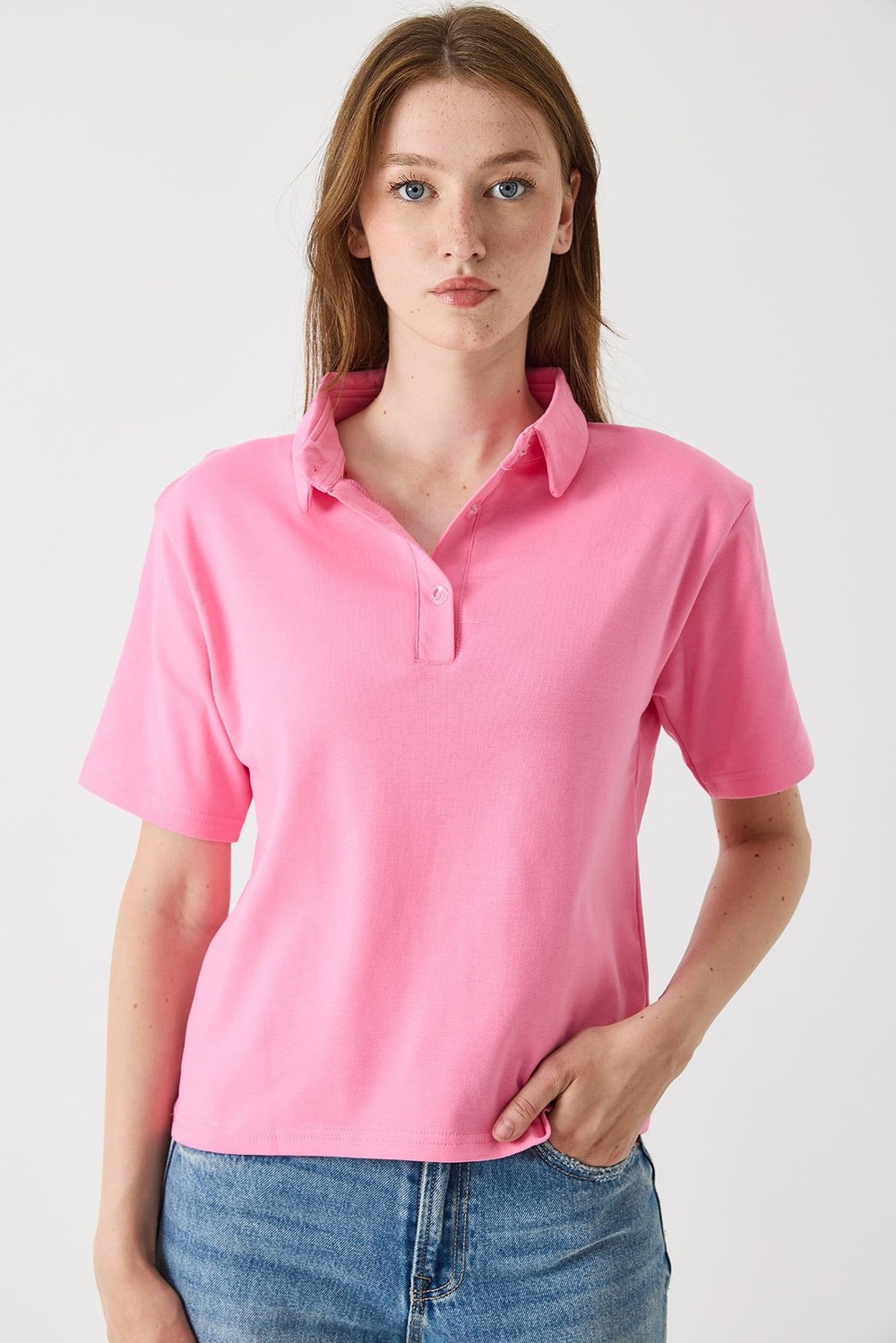 Kadın Vatkalı Polo Yaka Tshirt Koyu Pembe