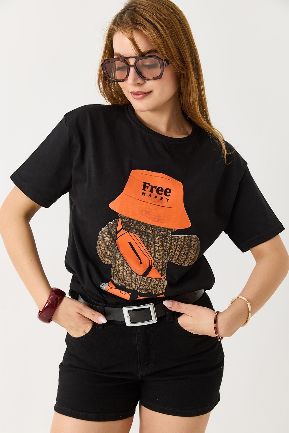 Kadın Free Happy Yazılı Bisiklet Yaka Tshirt