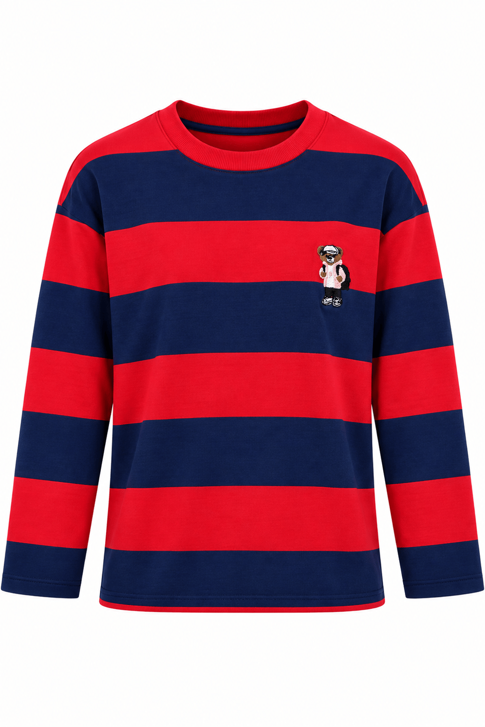 Kadın Uzun Kollu Çizgili Ayıcık Desenli Sweatshirt Kırmızı