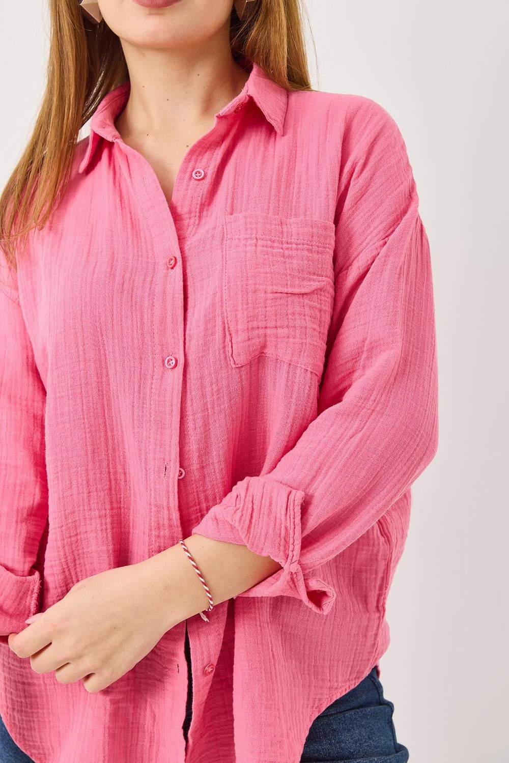 Uzun Kollu Oversize Gömlek Pembe