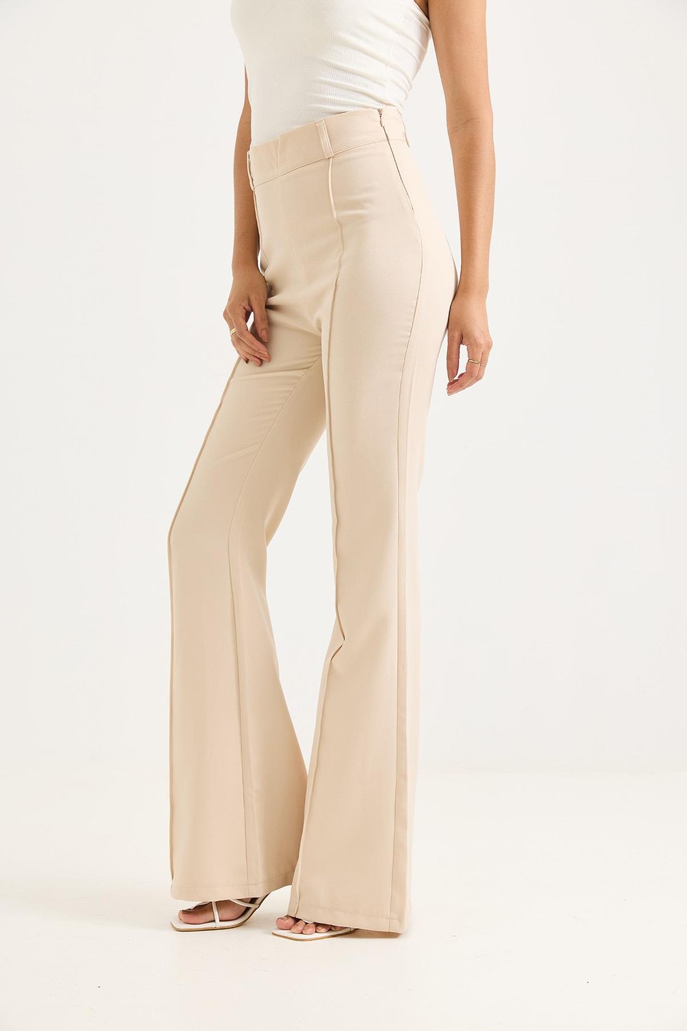 Çımalı İspanyol Paça Yüksek Bel Pantolon Krem