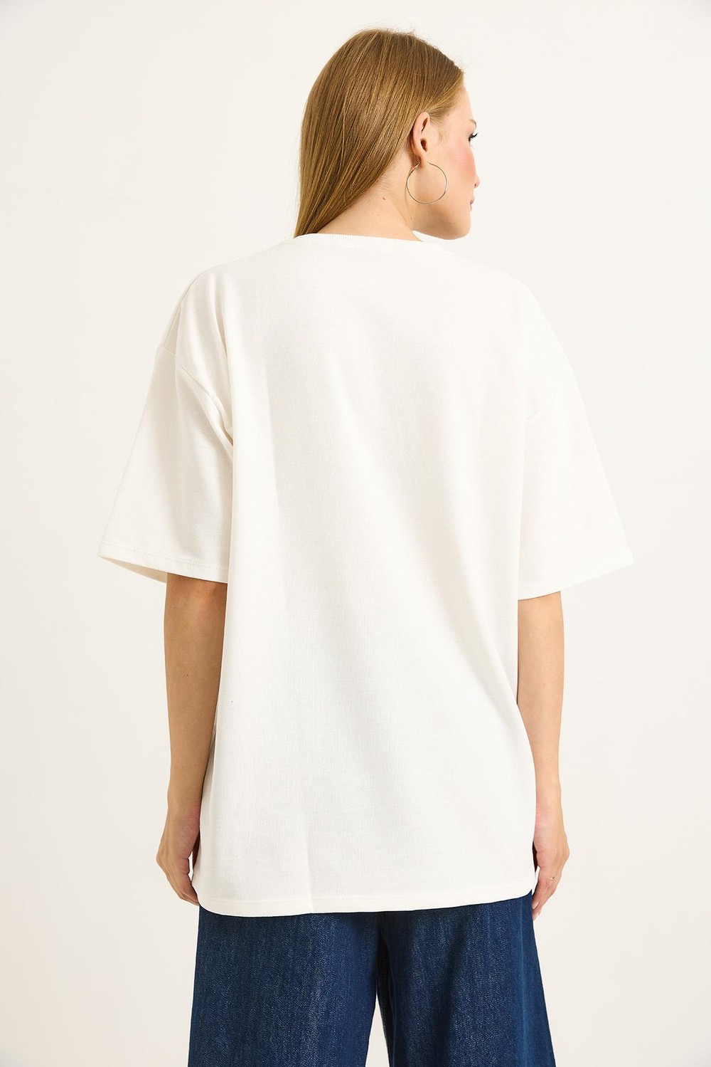 Baskılı Oversize Bisiklet Yaka Tshirt Beyaz