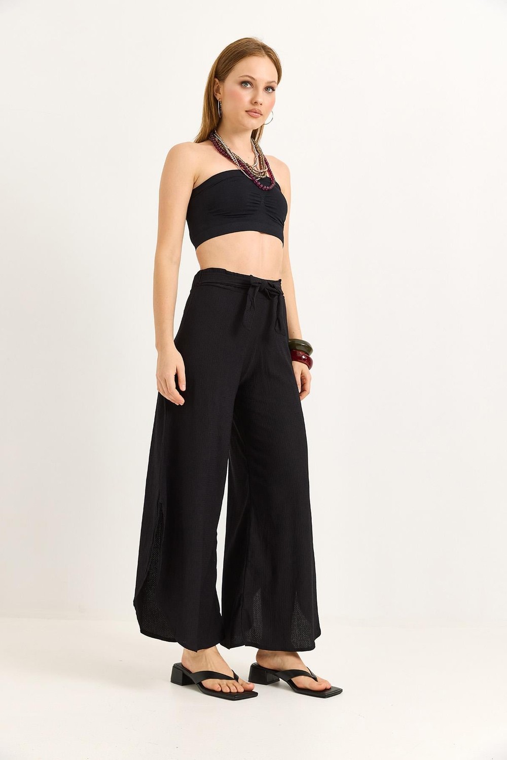Bağlamalı Bol Paça İspanyol Pantalon Siyah