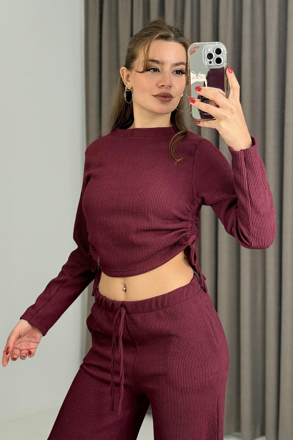 Kadın Yandan Bağlama Detaylı Aerobin Kumaş Bordo Takım