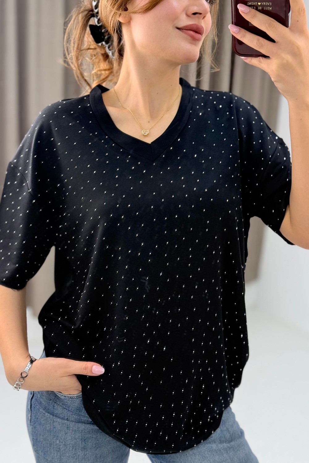 V Yaka Taşlı Yarım Kol T-shirt Siyah