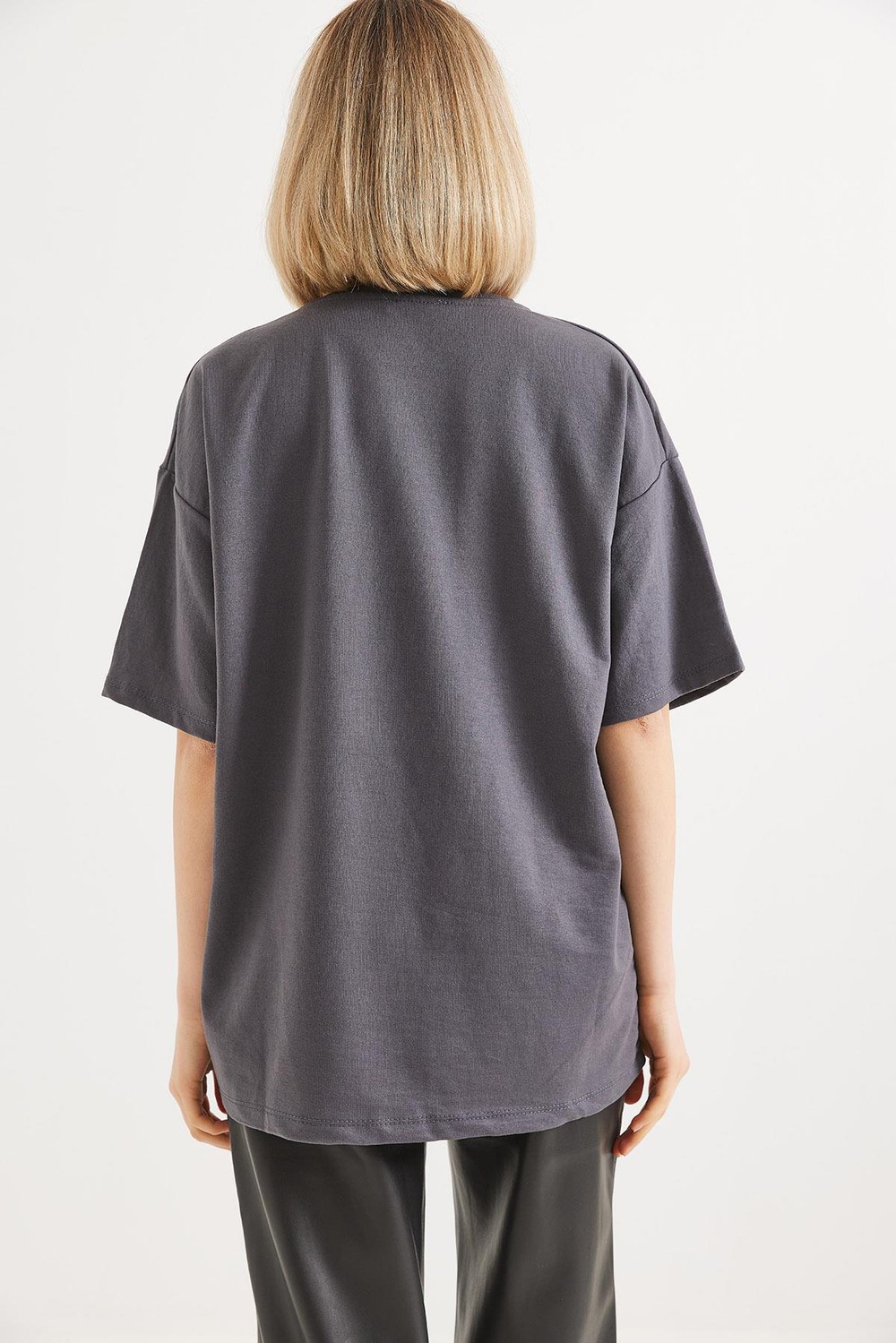 Ayıcık Baskılı Bisiklet Yaka Tshirt Füme
