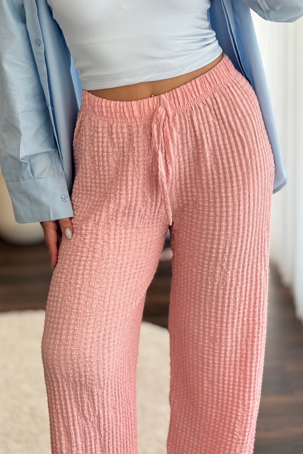 Kadın Bürümcük Beli Lastikli Rahat Pantolon Pembe