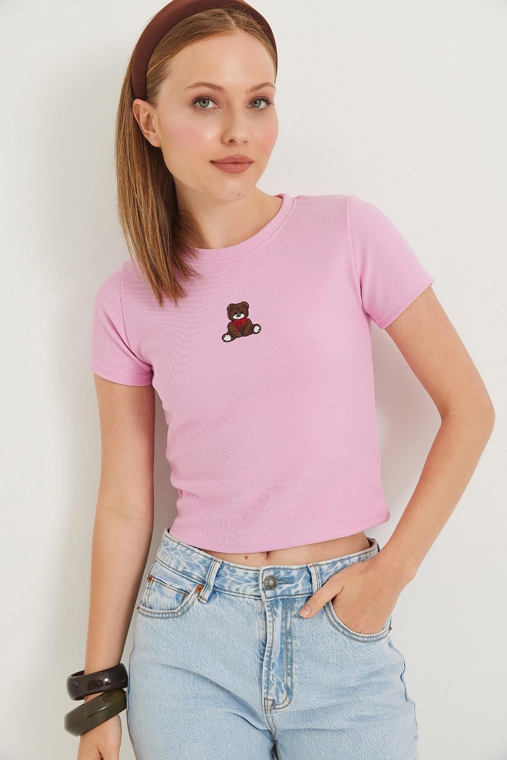 Ayıcık Nakışlı Esnek Crop Bluz Pembe