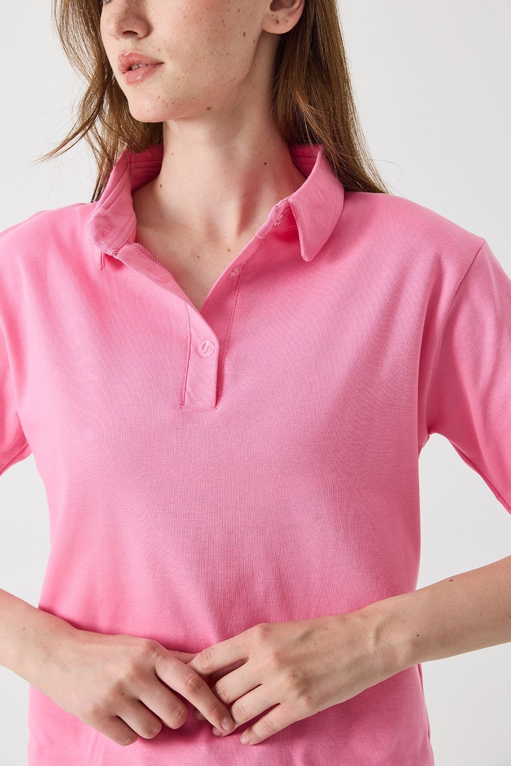 Kadın Vatkalı Polo Yaka Tshirt Koyu Pembe
