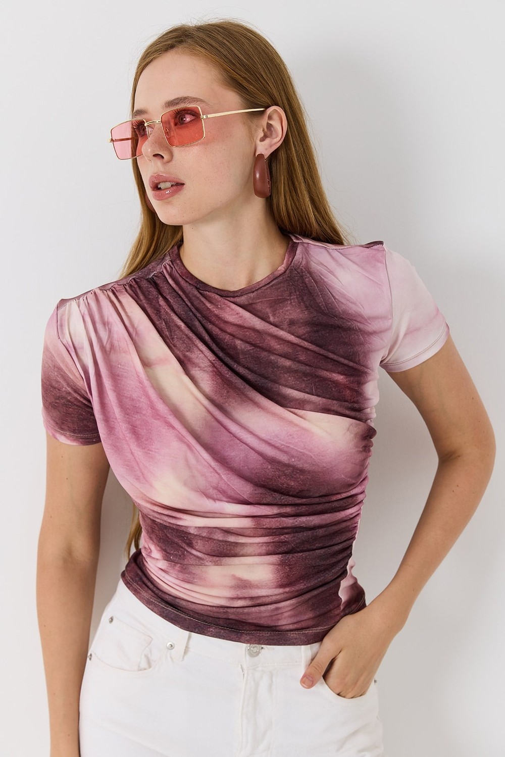 Kadın Drapeli Dijital Baskı Renkli Tshirt Pembe