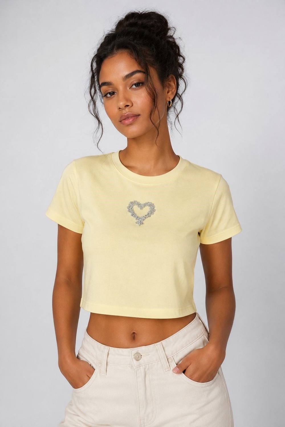 Kadın Taşlı Kalp Detaylı Crop  Bluz  Sarı