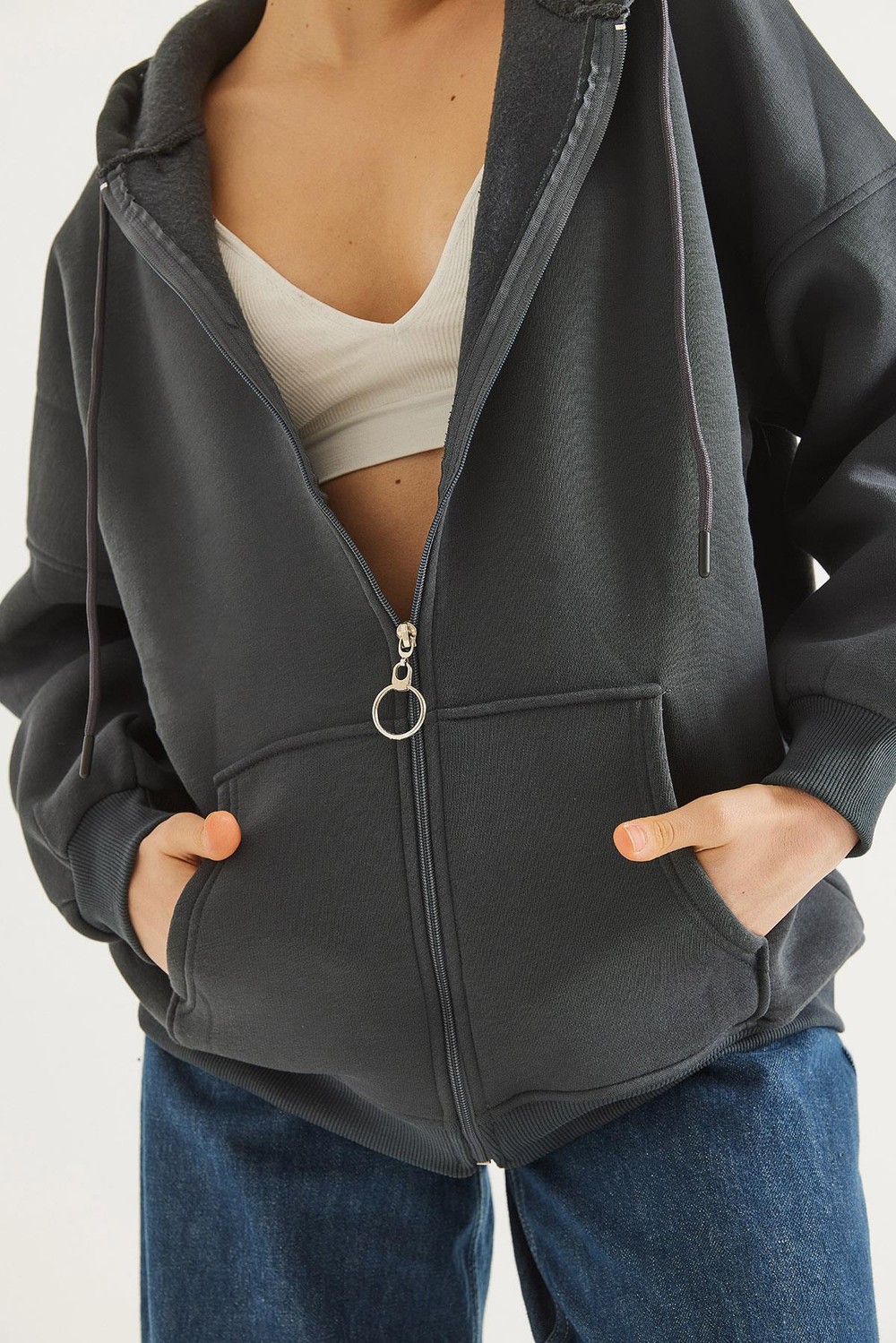 Kapüşonlu Fermuarlı Cepli Oversize Şardonlu Sweatshirt Antrasit
