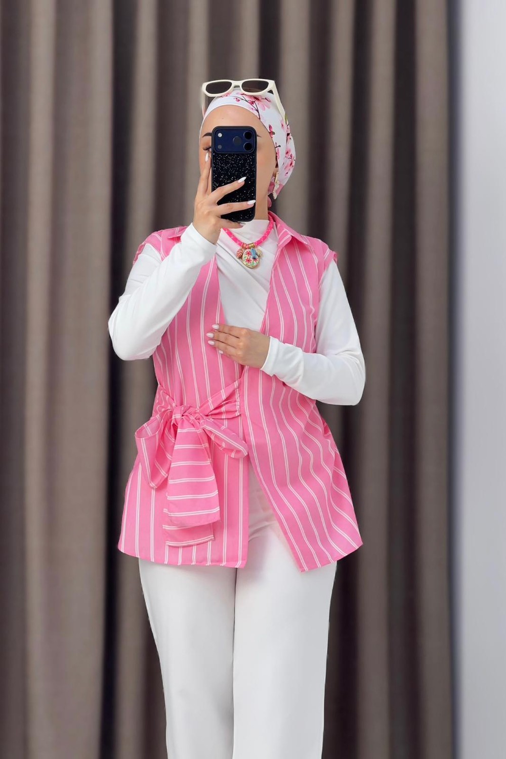 Kadın Gömlek Yaka Belden Bağlamalı Kolsuz Bluz Pembe