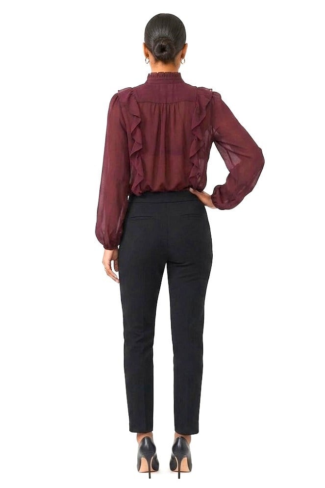 Kadın V Yaka Fırfır Detaylı Bluz Bordo