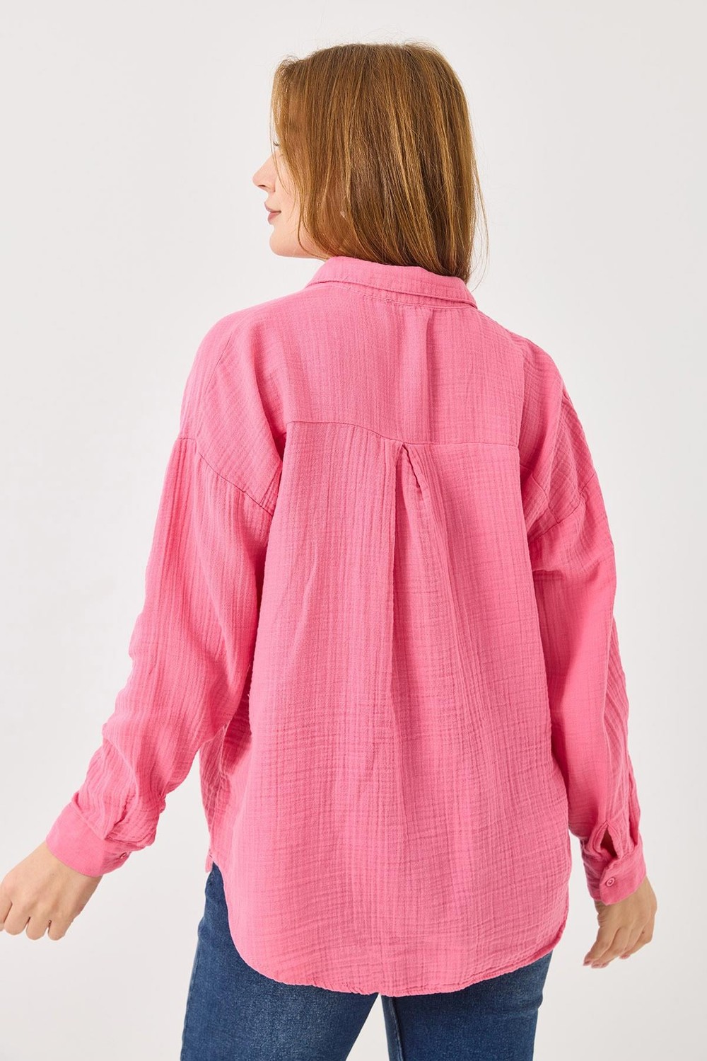 Uzun Kollu Oversize Gömlek Pembe