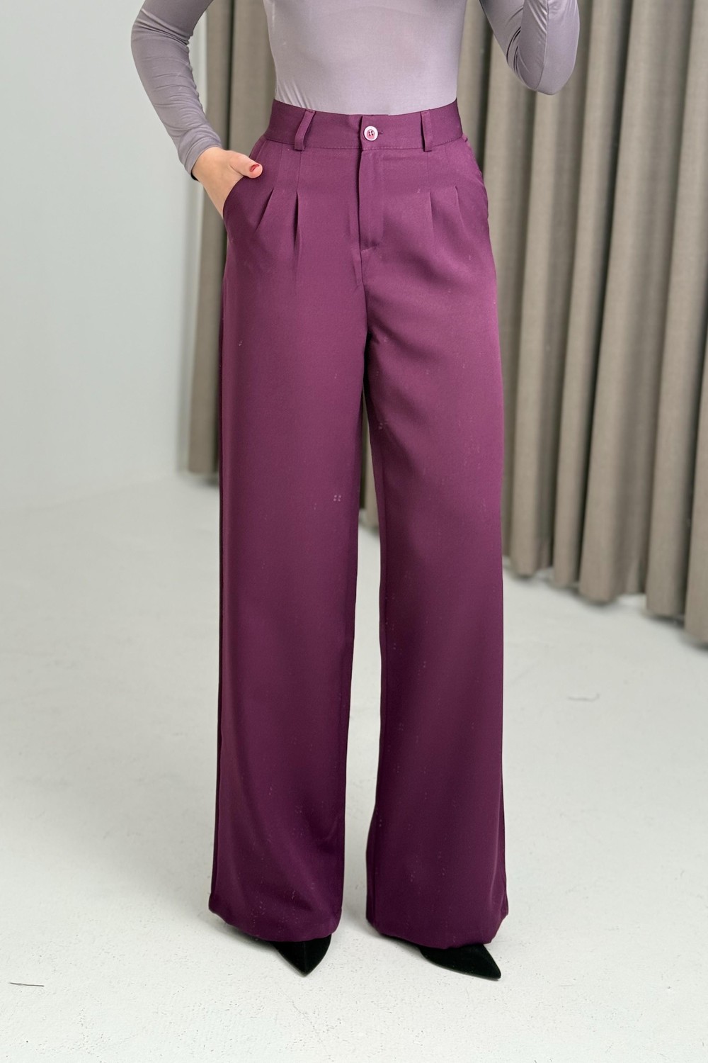 Yüksek Bel Bol Paça Kumaş Pantalon Mor