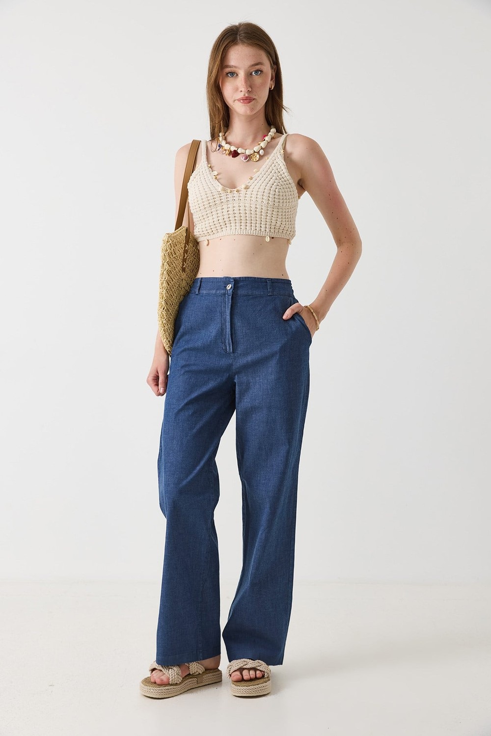 Kadın Beli Lastikli Geniş Paça Rahat Kesim Pantalon Lacivert