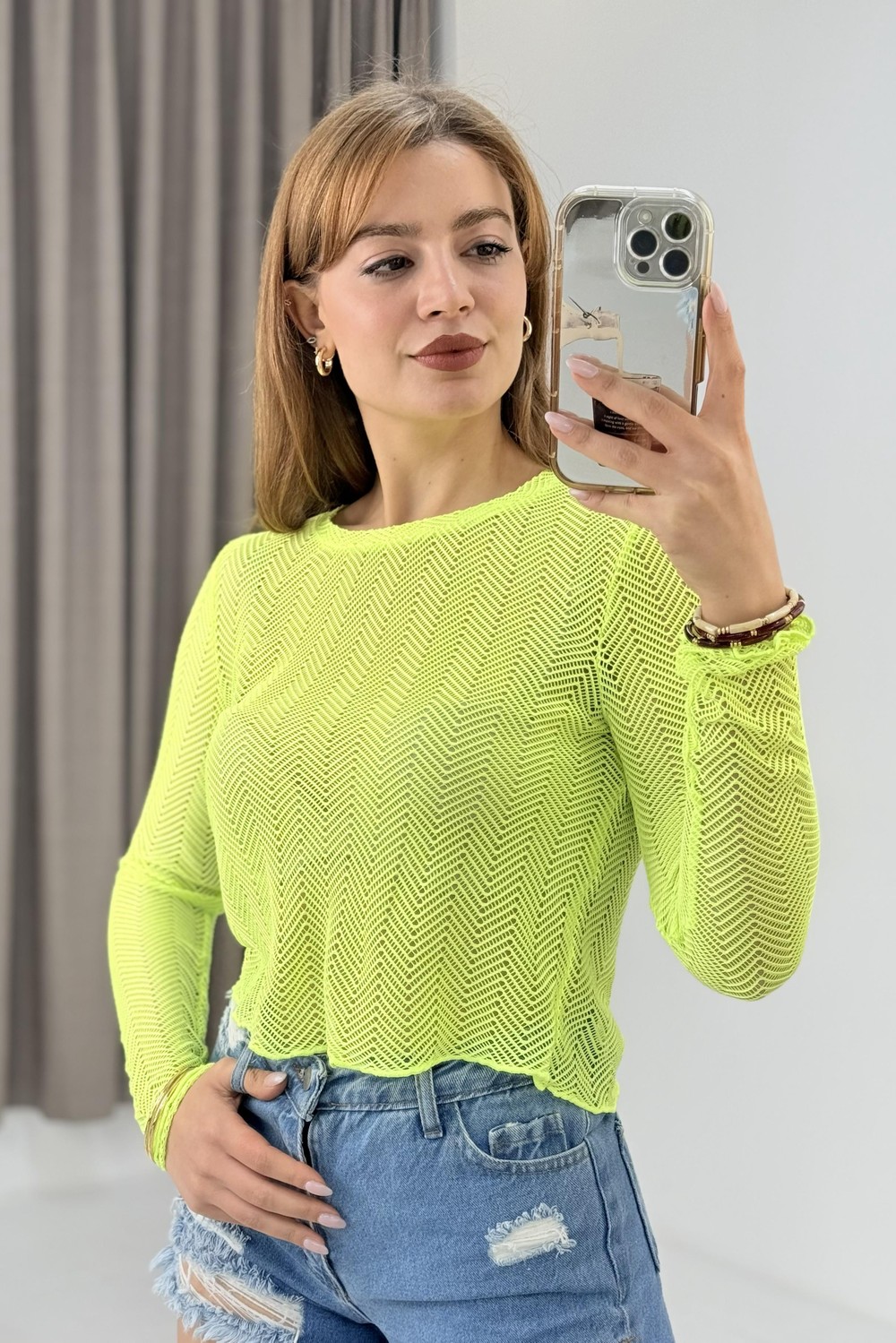 Neon Yeşil File Bluz