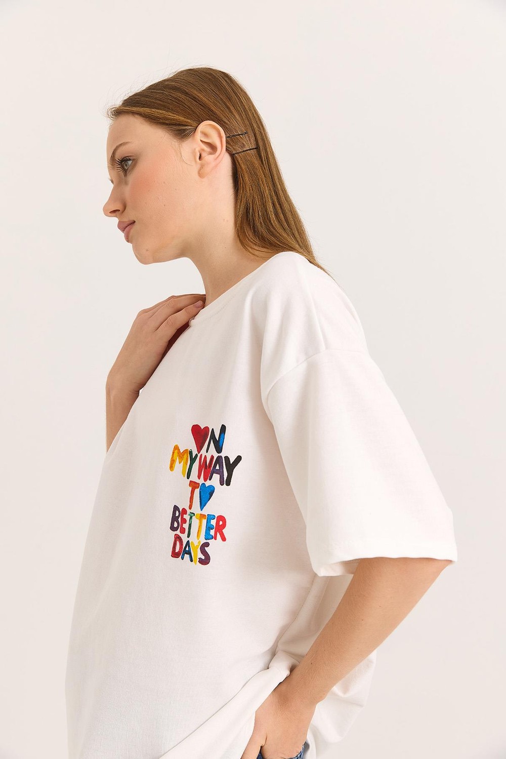 My Way Ön ve Arka Baskılı Rahat Kalıp Tshirt Beyaz