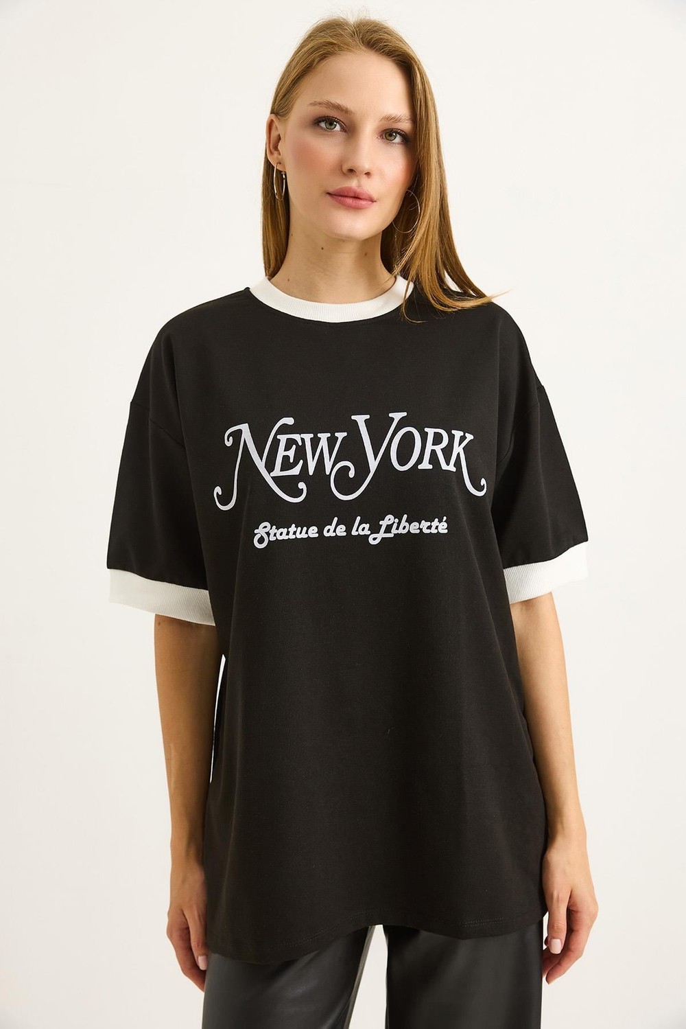Baskılı Oversize Bisiklet Yaka Tshirt Siyah