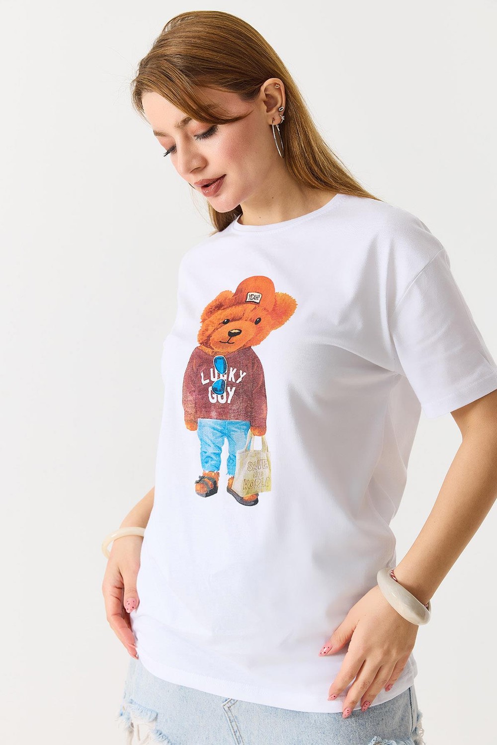 Ayıcık Baskılı Pamuklu Bisiklet Yaka Tshirt Beyaz