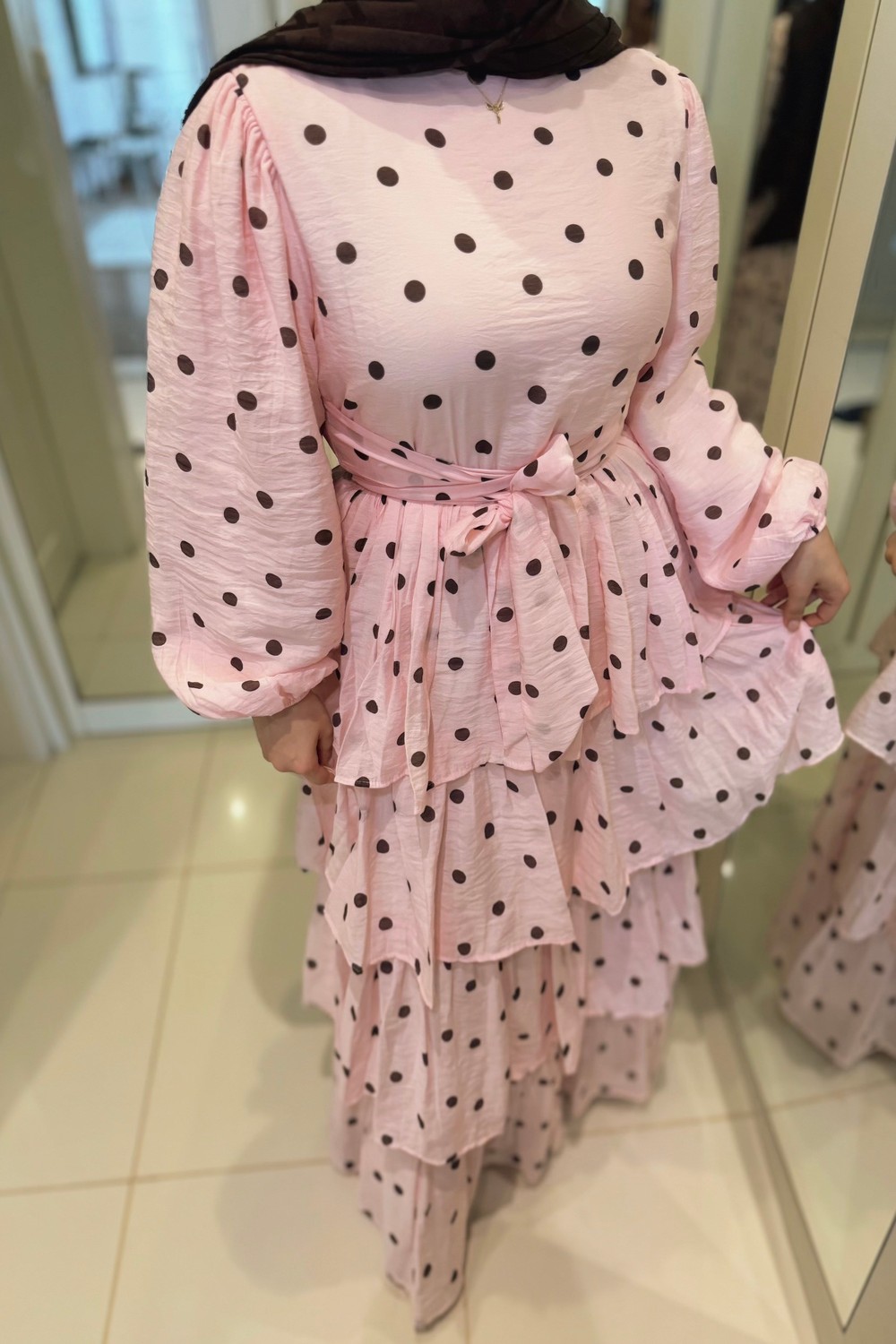 Kadın Puantiyeli Kuşaklı Kat Detay Tül Modal Astarlı Elbise Pembe