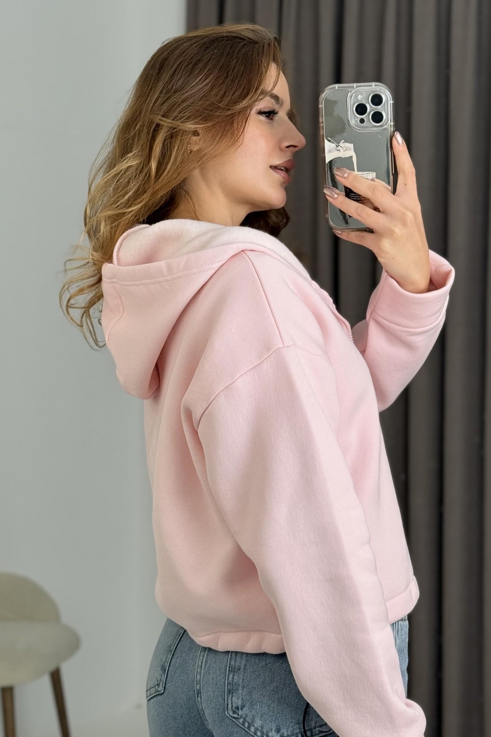 Büyük Beden Üç İplik Şardonlu Fermuarlı Beli Ayarlanabilr Lastikli Sweat Hırka
