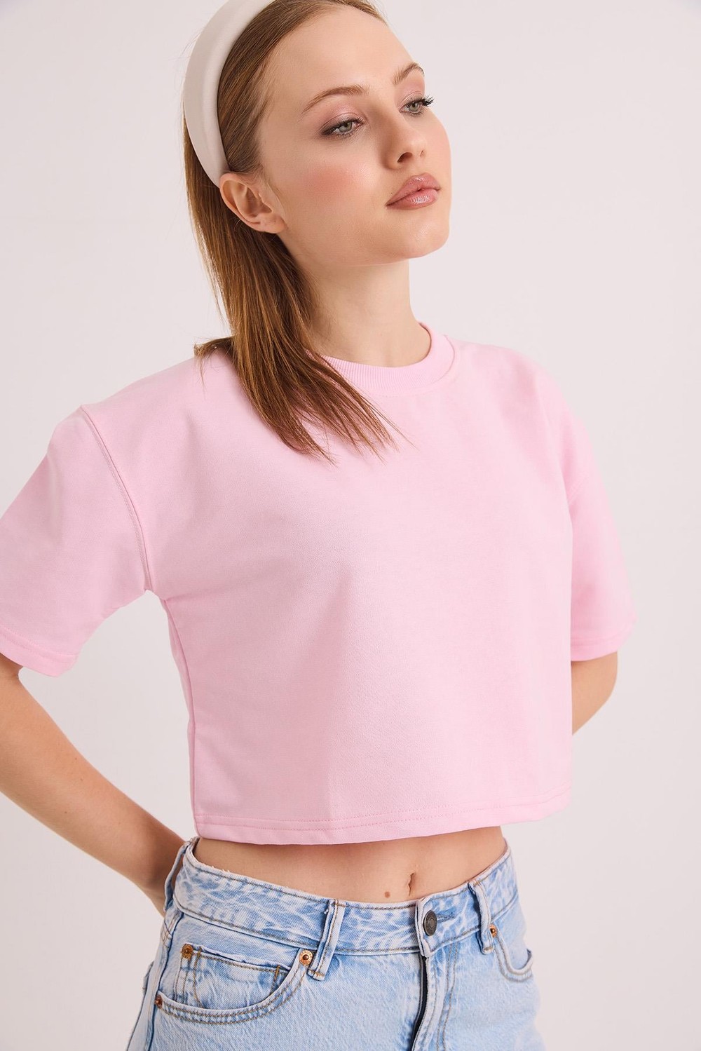 Bisiklet Yaka İki İplik Crop Bluz Açık Pembe