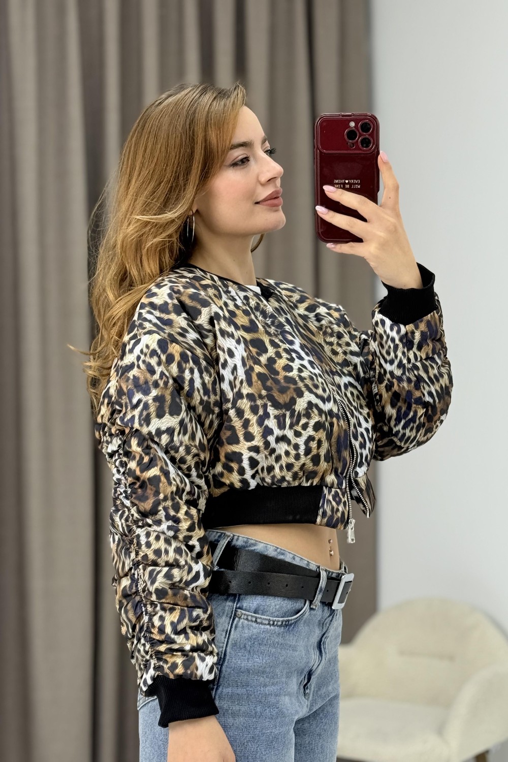 Leopar Desen Crop Şişme Mont