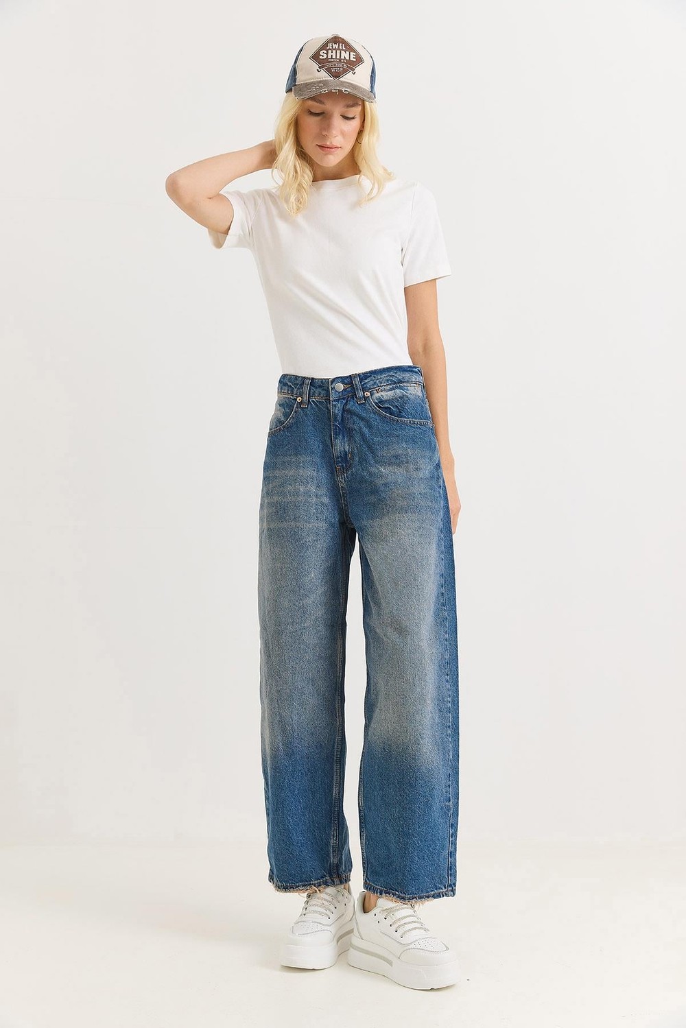 Kadın Bol Kesik Paça Şık Kot Pantalon  Mavi