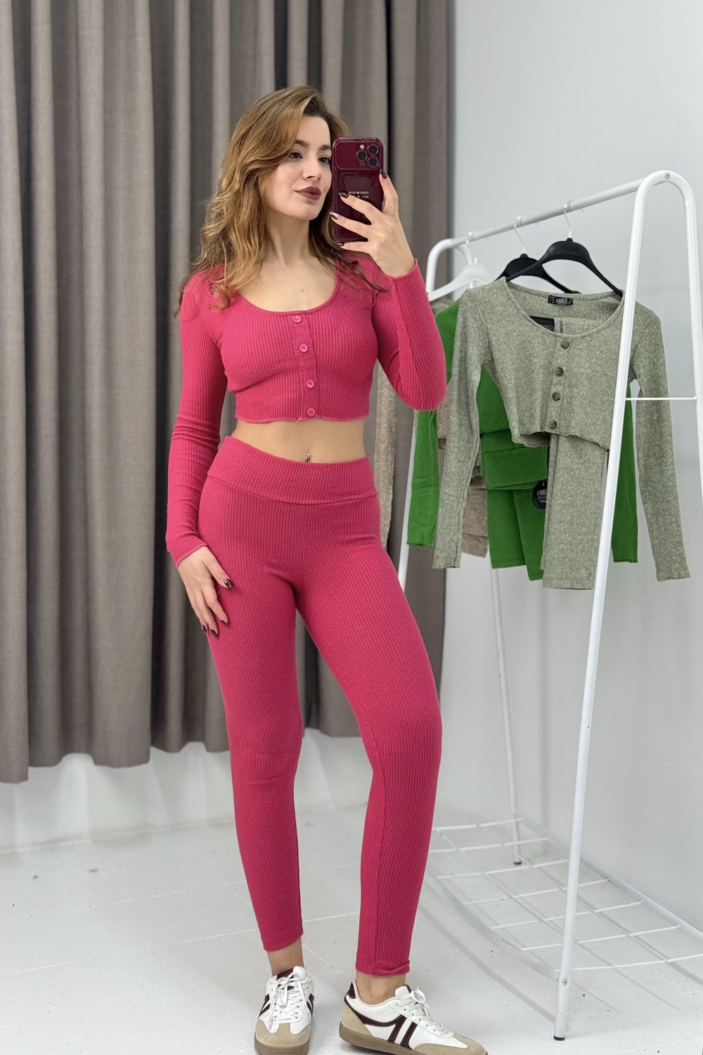 Kadın Düğmeli Crop Tayt İkili Fitilli Takım Pembe 