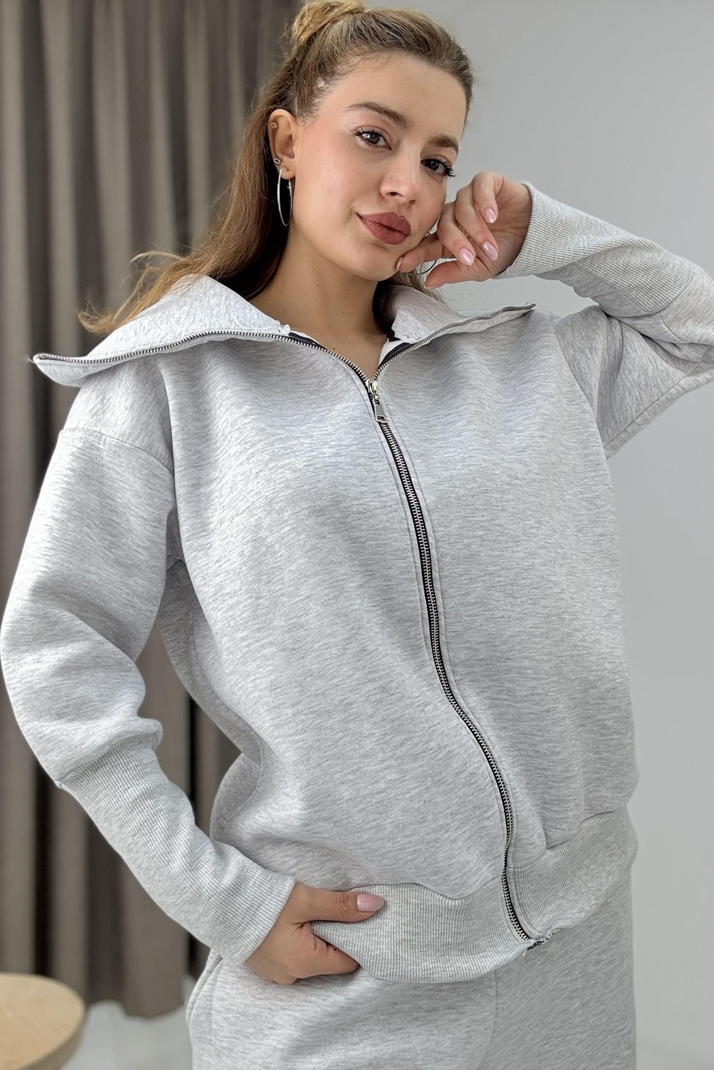 Kadın Fermuarlı Spor Esnek Sweatshirt Gri