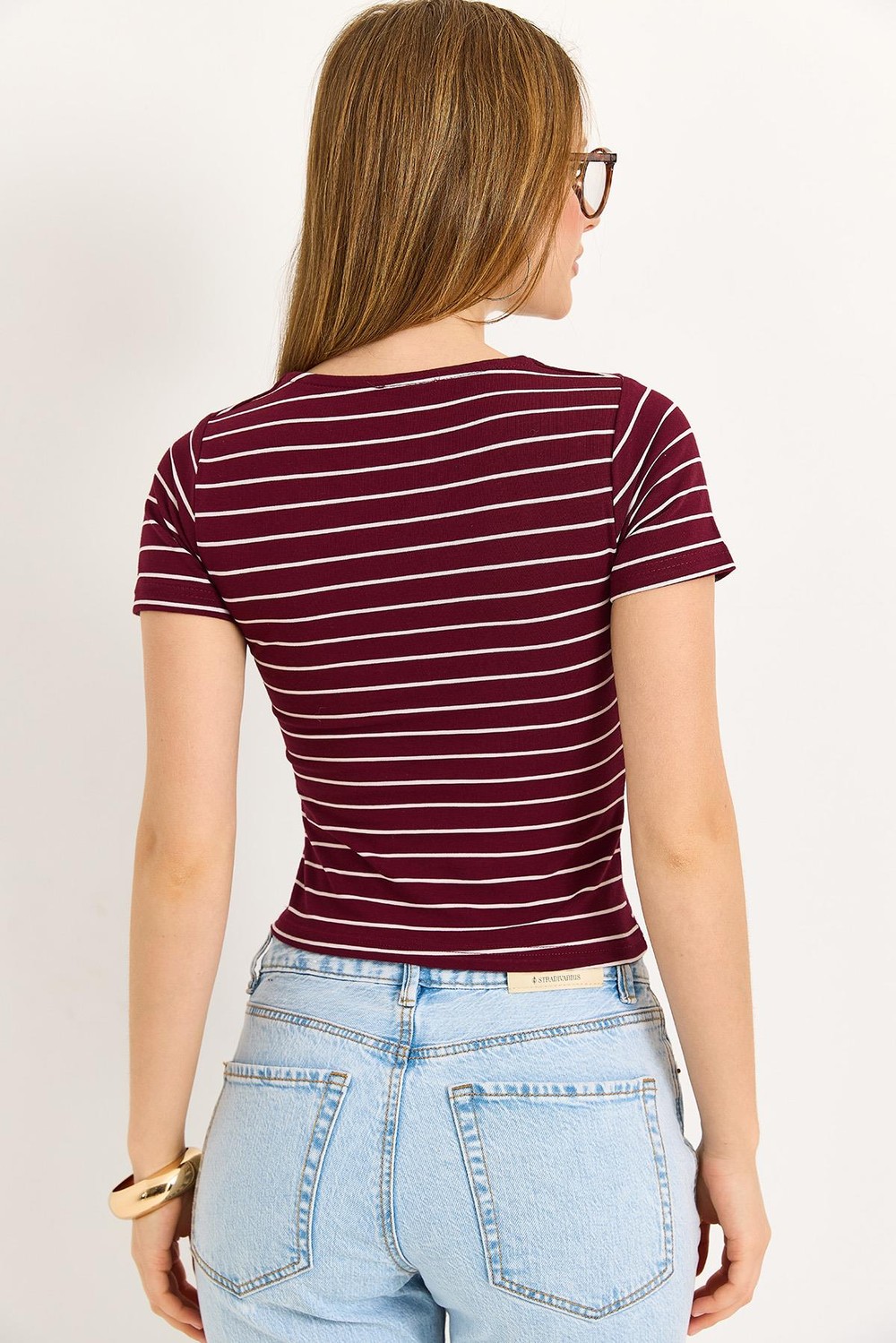 Kare Yaka Likralı Pamuk Bluz Bordo