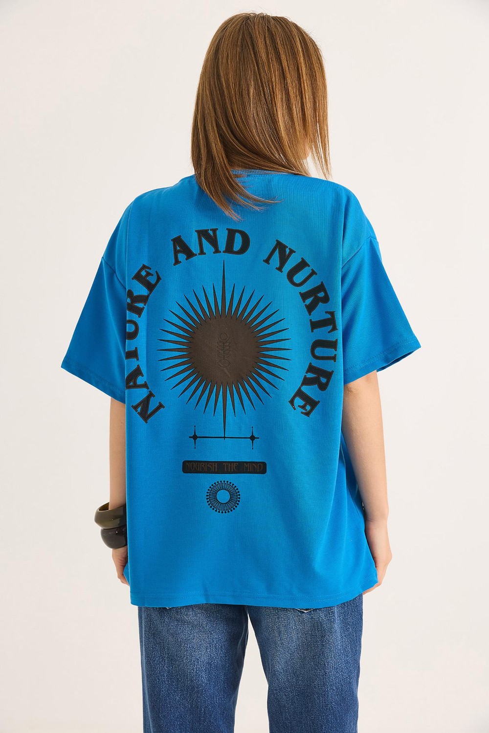 Bisiklet Yaka Kısa Kol Baskılı Tshirt Mavi