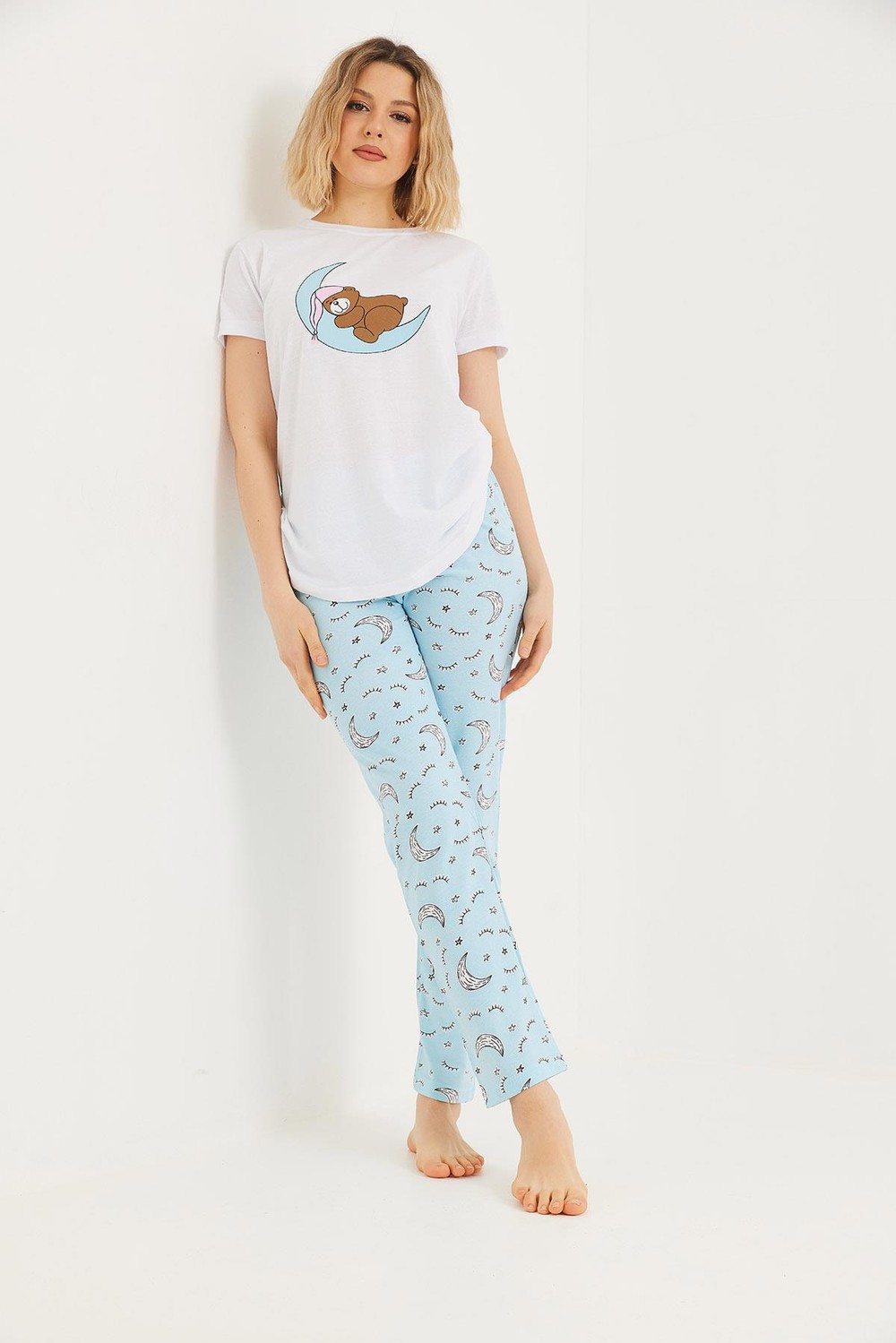 Baskılı Kısa Kol Pijama Takım Beyaz