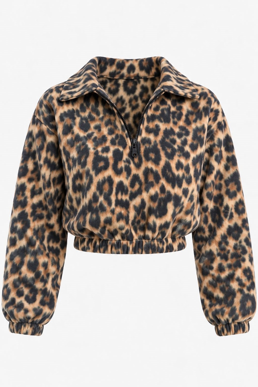 Leopar Desen Yarım Fermuarlı Polar Sweatshirt