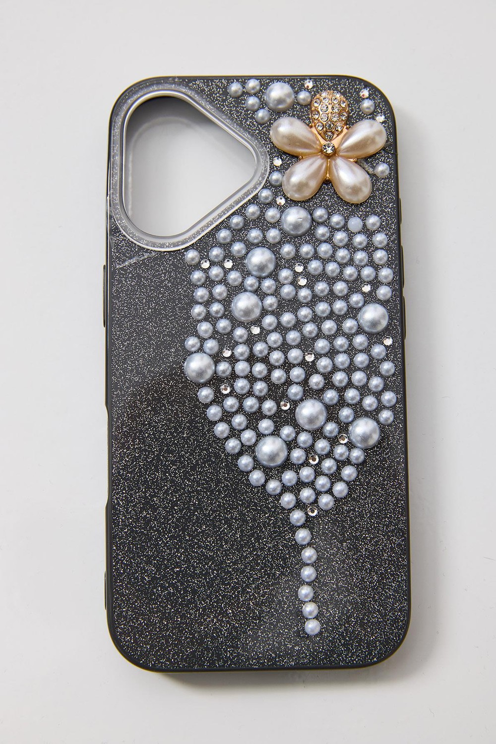 İphone 16 Uyumlu İnci ve Glitter Detaylı Kılıf  Siyah