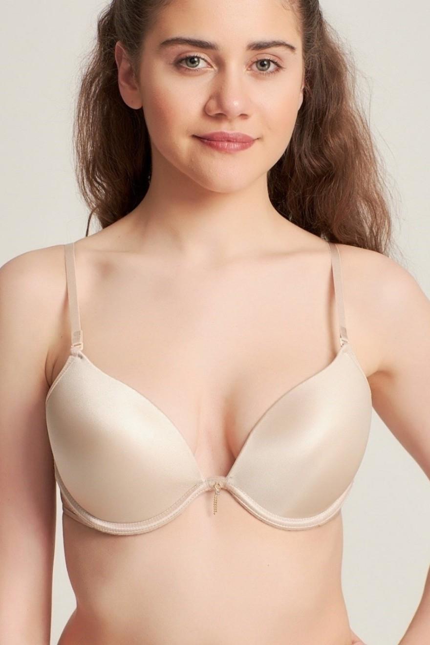 Kadın Desteksiz Push-up Taşlı Biyeli Micro Sütyen  Pudra