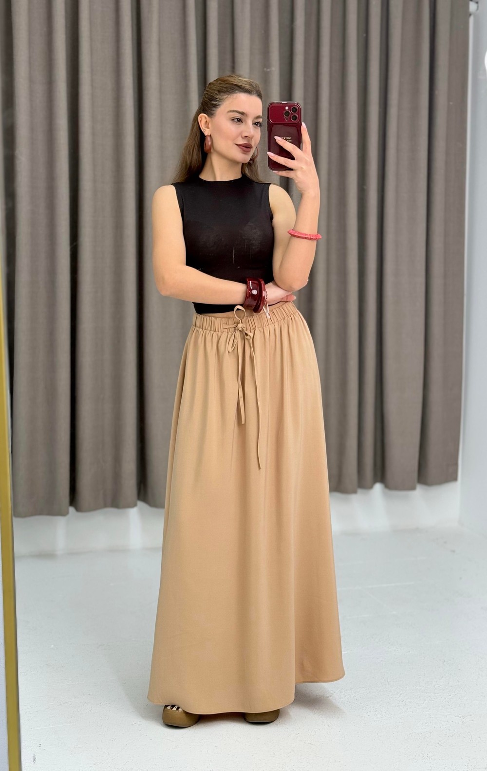 Kadın Beli Lastikli Bağcıklı Uzun Etek Vizon