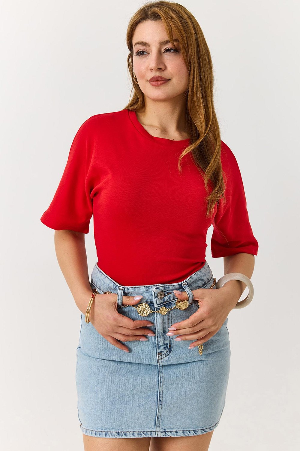 Kadın Bisiklet Yaka Basic Omuzları Geniş Tam Kalıp Tshirt Kırmızı